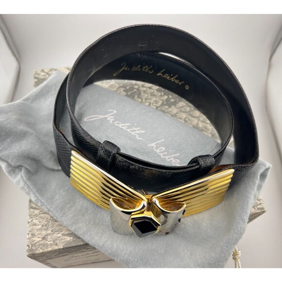 Vtg Judith Leiber Karung Snakeskin Leather Statement Belt Buckle w/Box Black main image 13
